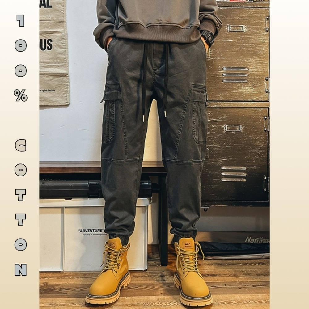 100% Cotton Charcoal Cargo Pant Joggers With Drawstring